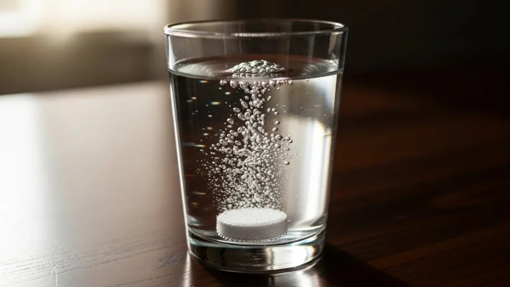 vaso de agua con tableta efervecente