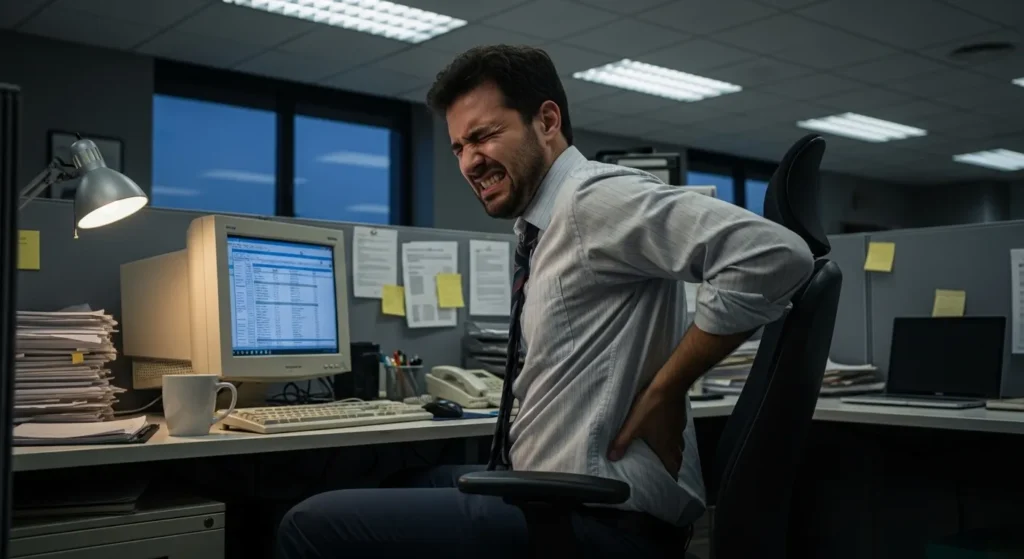 Oficinista mexicano experimentando dolor lumbar tras largas horas de trabajo sedentario.